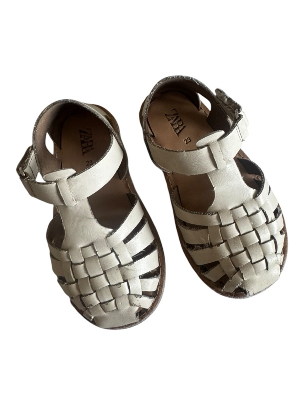 Zara Cream Woven Leather Kids Sandals